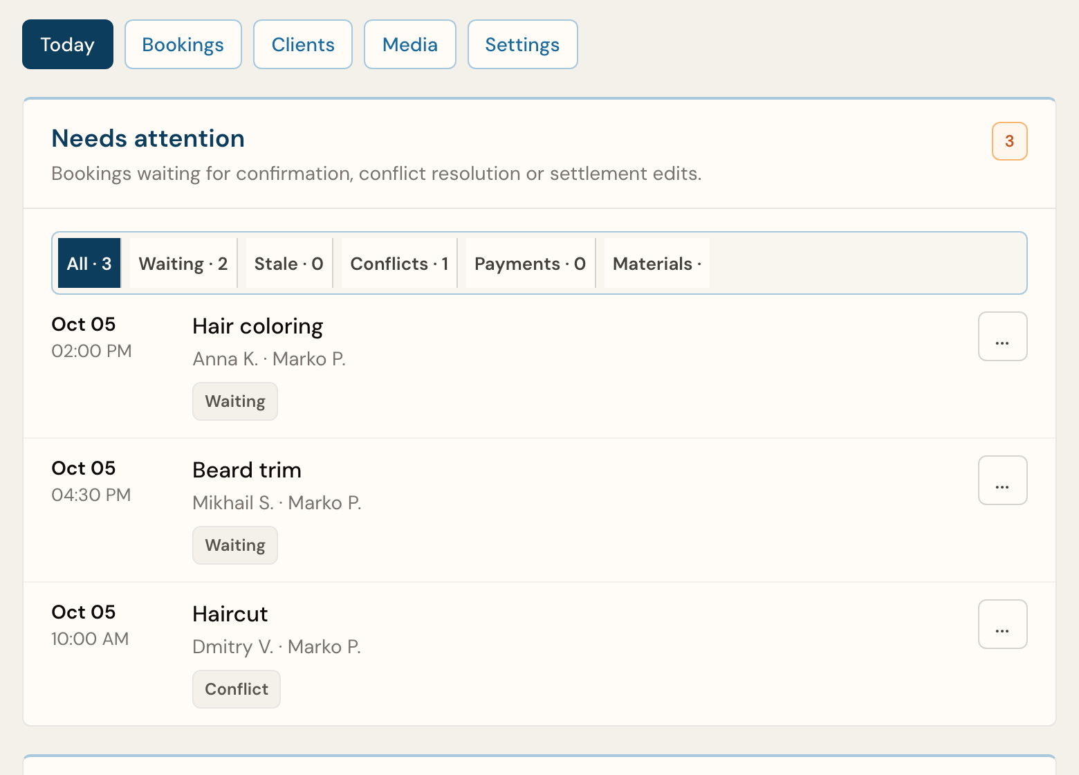 Needs attention panel in CutDesk: bookings waiting for confirmation and a time conflict